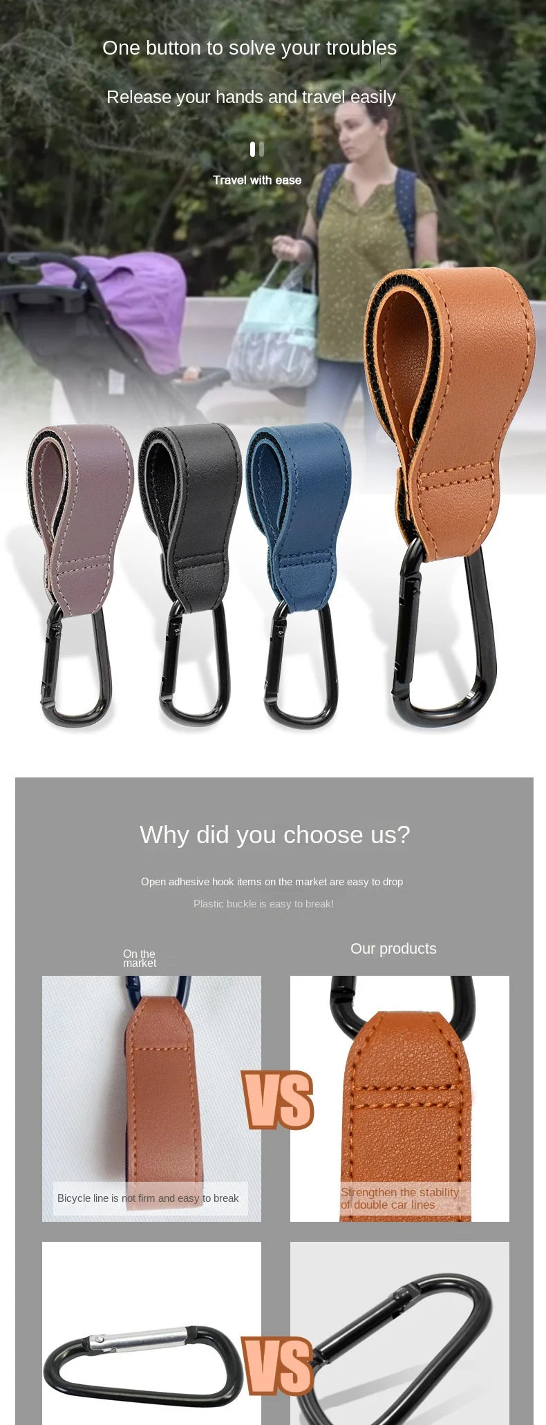 Stroller Hooks Baby Diaper Bag Hook Stroller Organize PU Leather Adjustable Pram Multi-function Hook Strong Bearing High Quality