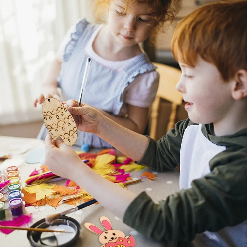 12pcs Wooden Rabbit Chick Pendants Creative Egg Hanging Ornament For 2024 Easter Home Party Decoration DIY Painting Gifts Supply