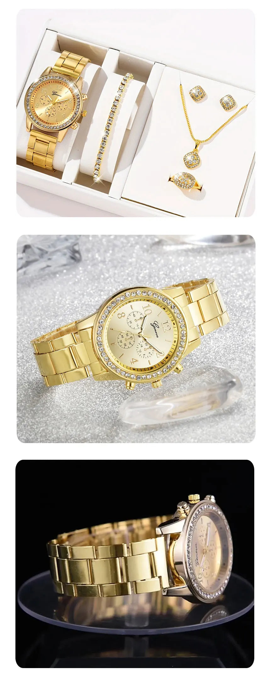 5 PCS Set Gold Watch Women Luxury Ring Necklace Earrings Rhinestone Fashion Wristwatch Female Casual Watches Bracelet Set