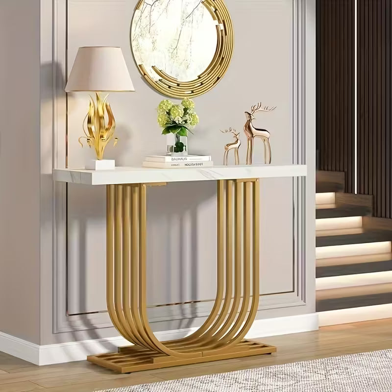 Modern Console Table with Golden Base Faux Marble Top