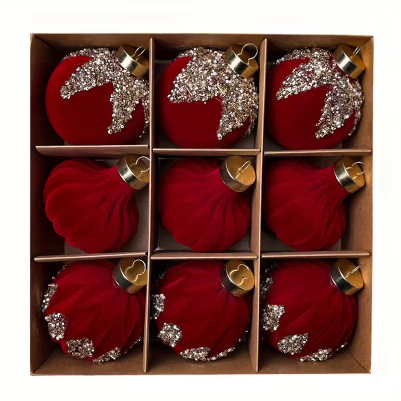 Burgundy Sequin Flocked Christmas Ball Ornaments