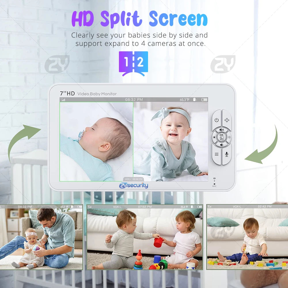 7.0 Inch Video Baby Monitor HD Split Screen with 2 Cameras 