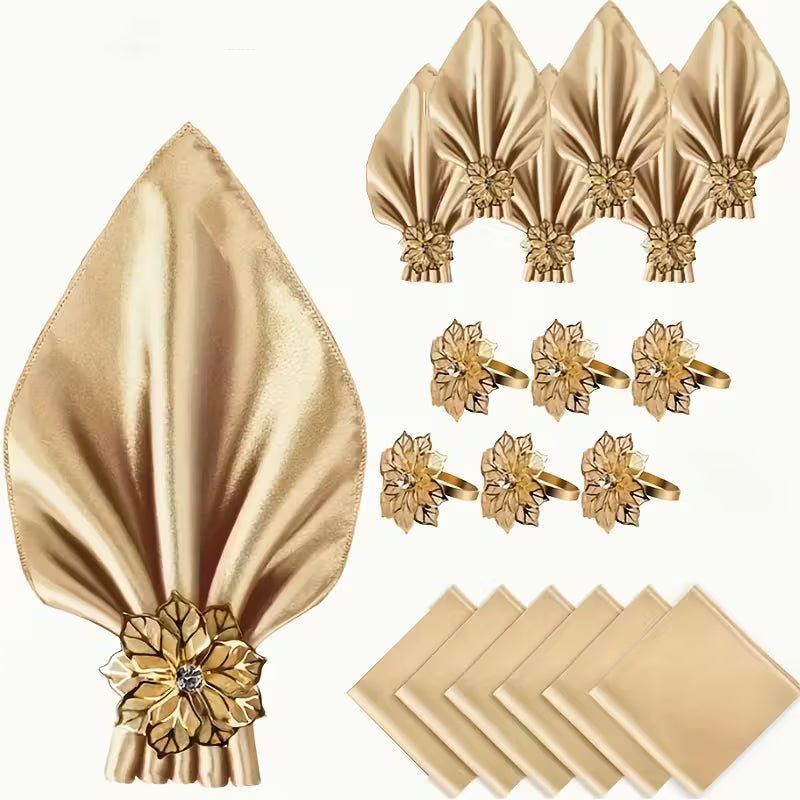 Satin Napkins with Golden Floral Napkin Rings
