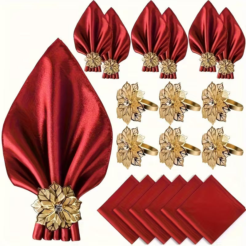 Satin Napkins with Golden Floral Napkin Rings