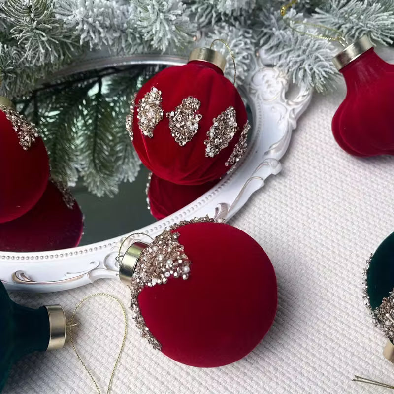 Burgundy Sequin Flocked Christmas Ball Ornaments
