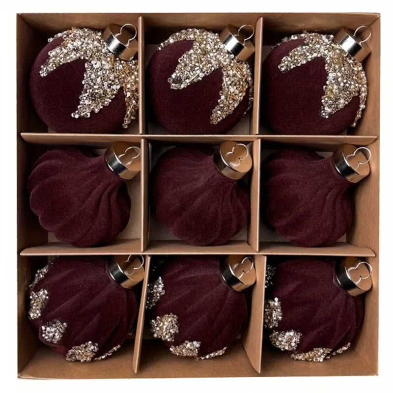 Burgundy Sequin Flocked Christmas Ball Ornaments