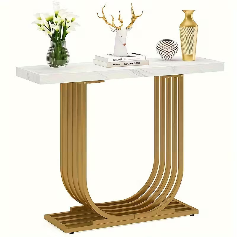Modern Console Table with Golden Base Faux Marble Top