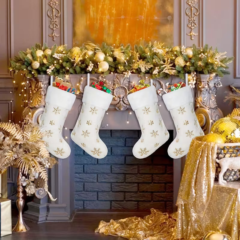 Set of 4 White Plush Christmas Stockings