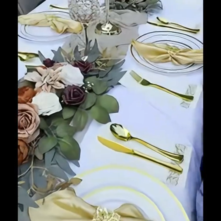 Satin Napkins with Golden Floral Napkin Rings